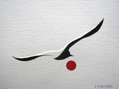 an image of a bird flying with a red ball in it's beak