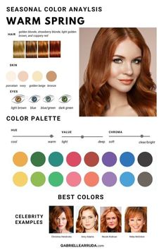 This easy and simple season color analysis for women will improve your look and style. Find your seasonal color palette that works best for your complexion. 12 season color analysis, winter, spring, autumn, and summer. Season color palettes and how to find out which season you are. Warm or cool undertones, hair tones, and eye color charts for each season color. clear spring, warm spring, light spring, light summer, cool summer, soft summer, soft autumn, warm autumn, deep autumn, deep winter, c Undertones Hair, Spring Skin Tone, 12 Season Color Analysis, Season Color Analysis, True Spring Palette, Warm Spring Palette, Color Analysis Winter, True Spring Color Palette, Warm Spring Color Palette