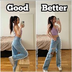 a woman taking a selfie in front of a mirror with the words good and better on it