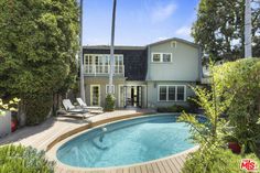 a house with a swimming pool in front of it