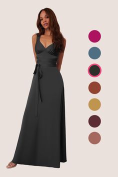 This floor length dress features v-necklines, wrap around belt, and a drop waist. Black V-neck Maxi Bridesmaid Dress, V-neck Tie Back Maxi Dress, Solid V-neck Maxi Dress With Tie Back, Solid Color V-neck Maxi Dress With Tie Back, Formal Black Floor-length Bridesmaid Dress, Black Bridesmaid Dress, Black Bridesmaid, Evening Accessories, Mother Wedding Dress