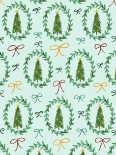 a christmas tree with bows and ribbons on a blue background seamless wallpaper pattern