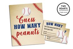 two heart's congratulations cards with baseballs on them and the words guess how many peanuts