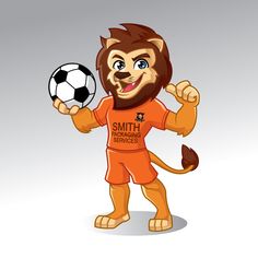 a lion is holding a soccer ball in his hand and wearing an orange shirt that says smith