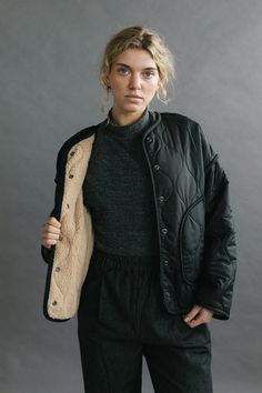 The Anouk Jacket is an elevated take on a liner style jacket featuring a quilted nylon outer body and cozy sherpa fleece lining. Roomy pockets and snap front closure. Oversized fit. Model is wearing SMALL. Model is 5'8". Please review our size guide prior to ordering. Need specific measurements? Send us an email and we will be happy to help you find the perfect fit. Liner Jacket, Sherpa Fleece, Oversized Fits, Size Guide, Perfect Fit, How To Wear, Black