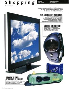 an advertisement for a television with clouds on the screen and other items in front of it