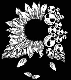 a black and white drawing of a sunflower