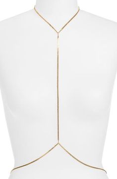 Completely wrap yourself in shine with this sleek body chain. 18k-gold plate Made in the USA of imported materials Minimalist Gold Body Jewelry For Party, Minimalist Gold Body Chain, Gold Delicate Chain Body Jewelry For Party, Minimalist Adjustable Lariat Body Chain, Gold Double Chain Body Chain As Gift, Gold Double Chain Body Chain For Gift, Gold Double Chain Body Chain For Party, Elegant Gold Body Chain With Chain Strap, Gold Body Jewelry With Chain Strap As Gift