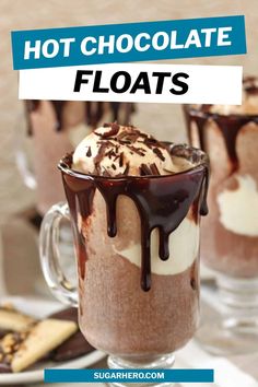 hot chocolate floats with whipped cream and chocolate drizzle