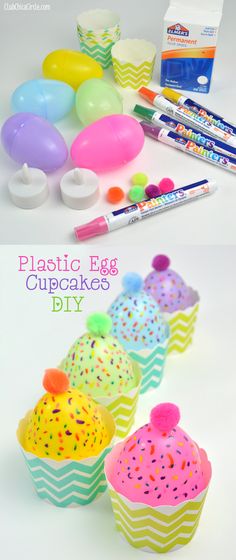 the plastic egg cupcakes are decorated with sprinkles and colored crayons