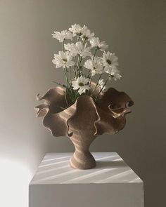 a vase filled with white flowers sitting on top of a table next to a wall