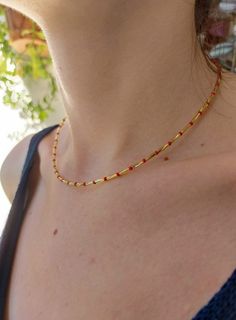 A pretty necklace perfect for everyday wear. So cute and dainty this layering necklace looks lovely on it's own on layered with other necklace. Beaded necklace is an excellent and elegant gift for your lovelies. Choker necklace is made of red and gold bead. You can wear the seed bead necklace to a wedding party and look very special. This tiny choker is made of glass beads. Please select necklace length from the drop-down menu or request an arbitrary length. If you would like a bigger/smaller size please contact me. You can press the contact button. Surfer Necklace, Black Beaded Jewelry, Red Jewelry, Necklace Red, Pretty Necklaces, Bugle Beads, Seed Bead Necklace, Beach Accessories, Tube Beads