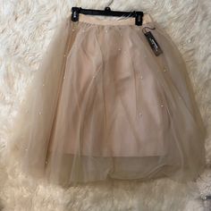 Mesh Pink/Nude Skirt With Pearl Detailing Beige Party Skirt For Spring, Spring Party Beige Skirt, Feminine Beige Party Skirt, Skirt With Pearls, Nude Skirt, Mesh Skirt, Pearl Color, Womens Skirt, Mesh