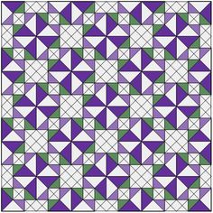 a quilt pattern with green and purple triangles on the bottom, one diagonal triangle in the middle