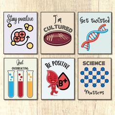 four cards with different types of science related items