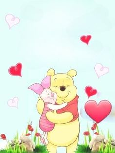 winnie the pooh hugging her piggy on top of grass with hearts in the background