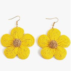 Made Of Durable Wicker Rattan In Yellow With A Tan Center Approx 3" Available In Other Colors As Well, Listed Separately. More Raffia , Rattan And Wicker Accessories In My Closet / Shop Most Of My Other Earrings Are Dangle Types Like These That Can Be Upgraded To Solid Sterling Silver Or 14k Gold Filled Wires So If You Have Sensitive Ears Like Me, Check My Other Items For That Type. I Have A Background In Jewelry Design In Nyc And I Buy My Ear Wires From A Legitimate Metal Source Jewelry Supplie Raffia Flowers, Thick Gold Hoop Earrings, I'm Jealous, 3 Earrings, Black Diamond Earrings, Tassel Drop Earrings, Crystal Chain, Purple Glass, Pink Rhinestones