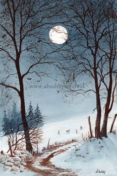 a snowy landscape with trees and a full moon