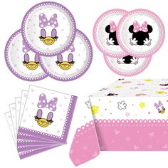 minnie mouse party supplies including plates and napkins