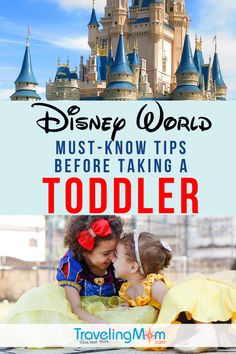 two children kissing each other in front of a castle with the words disney world must - know tips before taking a toddler