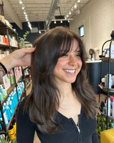 Diagonal Back Haircut, French Bangs With Face Framing Layers, Asians With Bangs, Long Bangs Inspo, Dark Brown Hair And Bangs, Hair For Circle Face Shape, Long Bangs For Round Face, Dark Hair Layers Medium, Frazzled English Woman Hair