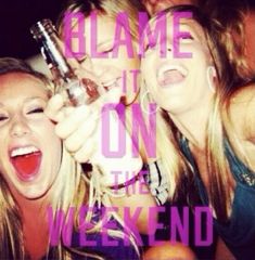 two women are laughing and holding up bottles with the words glame it on the weekend