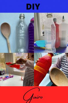 There are 4 images here. The first shows plastic bottles and a wooden spoon, the second shows a clear plastic bottle together with some glue and paint. The third shows a child running the wooden spoon along a painted plastic bottle, and the fourth shows the child holding the painted bottle and the wooden spoon. Music For Toddlers, Purple Bottle, Painted Bottle, Reusable Water Bottles