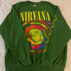 Size S/M - Oversized Fit Brand New - Barely Worn Color Not Sold Anymore Nirvana Sweater, Nirvana Crewneck, Nirvana Sweatshirt, Urban Outfitters Sweatshirt, Green Crewneck, Oversized Crewneck, Green Sweatshirt, Urban Outfitters Women, Urban Outfitters Tops