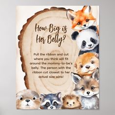 a card with the words how big is her belly? and five baby animals on it