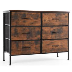 a wooden dresser with black metal legs and drawers on the bottom drawer, against a white background