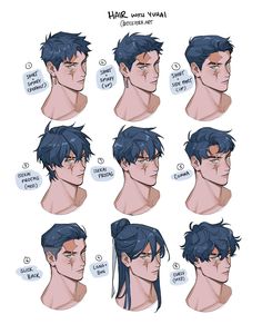 an anime character's face with different facial expressions and haircuts, including the head