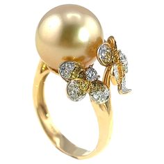 18K Yellow Gold 12.8mm South Sea Golden Pearl Engagement Ring with Diamonds 54 Diamonds - 0.408CT 1 South Sea Golden Pearl - 12.8mm Total Weight - 7.70 GM Pearl Flower Ring, Pearl Engagement Ring, Yellow Pearl, Golden South Sea Pearls, Diamond Rings Design, Modern Engagement Rings, Premier Designs Jewelry, Luxury Diamonds, Rings Cool