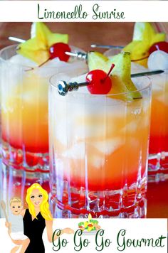 two glasses filled with drinks and garnished with fruit