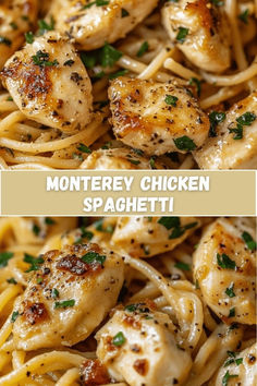 chicken and pasta with parmesan cheese is shown in two different images, one has the