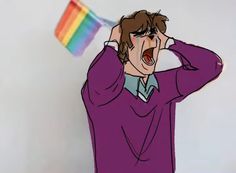 a cartoon character holding his head in front of a rainbow flag