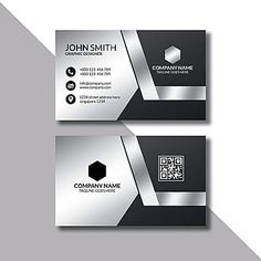 two black and white business cards with silver foil on the front, one has a hexagonal design