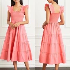 Hill House Ellie Nap Midi Dress In Coral Pink. Size Medium. Features A-Line Silhouette, Elasticated Nap Smocking, Square Neckline, Ruffled Shoulders, Tiered Midi Skirt, And Pockets, Unlined. 100% Cotton. Great Used Condition, No Notable Flaws. Tags: Casual, Summer, Check, Tiered, Vacation, Preppy, Sundress, Hamptons, Beachy, Sun Dress, Maternity Friendly Chest: 15" Waist: 13" Length: 48" (Approx.)* Preppy Sundress, Tiered Midi Skirt, Dress Maternity, Hill House, House On A Hill, House Dress, Sun Dress, Coral Pink, Square Neckline