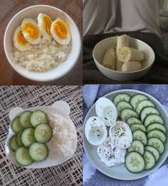 there are four pictures of different foods in the same bowl, including rice, eggs and cucumbers