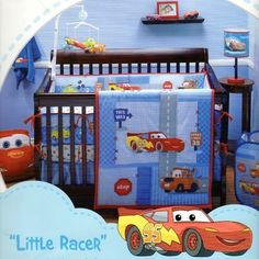 an advertisement for a baby's nursery bedding set with cars on the sheets