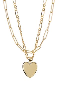 This dainty paperclip link heart pendant necklace is a glam accessory that will instanly update any outfit you pair it with. 16" chain length with 2" extension Lobster clasp Brass with 14K yellow gold plating Imported Double Chain Heart Pendant Necklace, Trendy Figaro Chain Layered Necklace Gift, Trendy Layered Necklace With Figaro Chain As Gift, Trendy Layered Figaro Chain Necklace As Gift, Trendy Heart-shaped Double Chain Necklace, Trendy Double Chain Heart Necklace, Trendy Heart-shaped Chain Necklace With Delicate Chain, Trendy Layered Necklace With Paperclip Chain As Gift, Trendy Layered Necklace With Paperclip Chain For Gifts