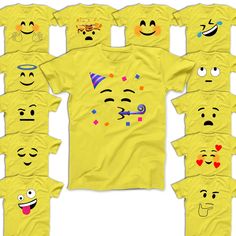 a group of yellow t - shirts with different emoticions on them