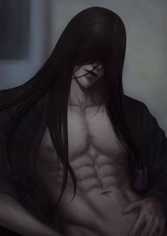 a man with long black hair and no shirt