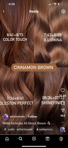 Red Hair Formulas, Loreal Hair Color Chart, Brown Hair Color Chart, Copper Brown Hair Color, Wella Toner, Cinnamon Hair Colors, Copper Brown Hair, Golden Brown Hair Color, Cinnamon Hair