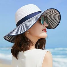 Blue & White Striped Bowknot Summer Sun Wind Hat Women Straw Large Brimmed Hat Floppy Beach Hat, Wide Brim Straw Hat, Straw Hat Beach, Hepburn Style, Straw Sun Hat, Wide Brim Sun Hat, Summer Sun Hat, Sun Hats For Women, Bow Knot