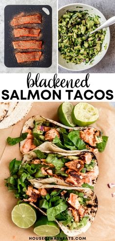 grilled salmon tacos with guacamole and avocado on the side