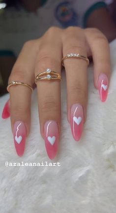 Ombré Heart Nails, Ombre Heart Nails, Long Almond Pink Nails, Almond Nails Designs Valentines Day, Almond Valentines Nails Pink, White To Pink Ombre Nails, Ombre White And Pink Nails, Pink Nails Ideas Almond, White And Pink Nails Acrylic