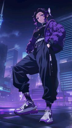 an anime character standing in the middle of a city at night with his hands on his hips