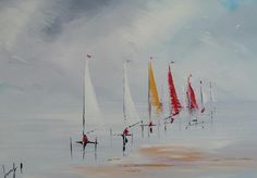 an oil painting of sailboats in the ocean on a cloudy day with blue sky