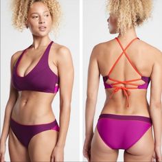 Athleta D-Dd Colorblock Triangle Bikini Top Nwt Velvet Plum Light Support: Best For D-Dd Cup Fully Adjustable Low Coverage Neckline Removable Pads For: Swim, Surf, Stand-Up Paddleboard, And All Water Sports Feel: Heco Made With Recycled Nylon Is Smooth And Sleek With Powerful Stretch Fave: Back Ties For Adjustability And Feminine Detailing #566762 Recycled Nylon/Lycra Quick-Drying: Dries In A Flash Rated Upf 50+ (Excellent Protection) Machine Wash And Line Dry. Imported Inside Label Marked Halter Top Bathing Suits, Halter Bathing Suit, Striped Tankini, Halter Top Tankini, Dd Cup, Water Sports, Upf 50, Stand Up, Color Blocking