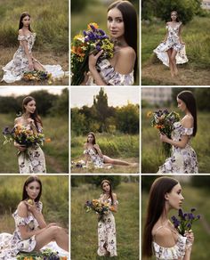 a collage of photos with a woman in a dress holding flowers and posing for the camera